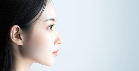 Fototapeta premium A woman with long black hair and a white background