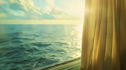 Serene Ocean View Through a Sunlit Window. Generative AI