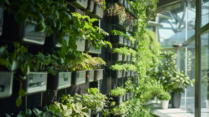 Innovative vertical farming setup showcasing various herbs and plants in urban environment