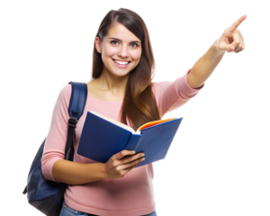 young female student ,pointing up, Isolated,  transparent background, AI Generative