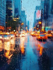 view of the city from the window during the rain. Panoramic view of blurred cityscape and raindrops, blurred city. copy space