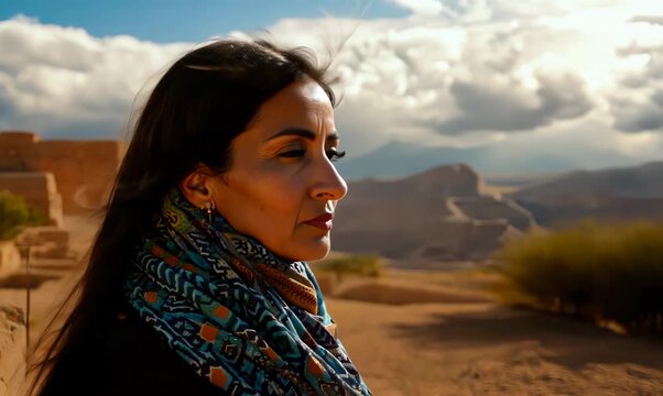 Moroccan Woman Wildlife Spotting in Traditional Attire - Timelapse