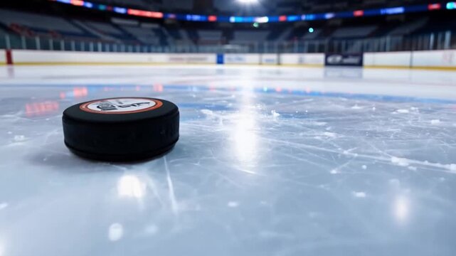 Close-up of a hockey puck on the icy surface of a hockey rink, highlighting the chill of the game.