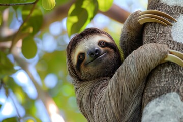 The sloth slowly descends from the tree, its long claws clinging to the branches
