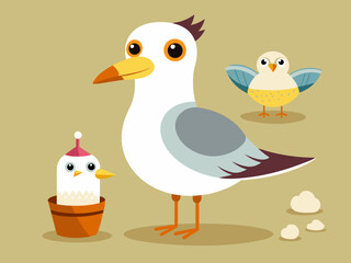 Mignon Oiseau Mouette Mouette Mouette Crémeur Ensemble Cartoon Vector
