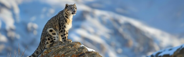 Fototapeta premium The snow leopard is sitting on a rock, its fur merges with the snow-covered background