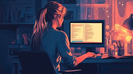 A woman sits in front of a computer screen, working late into the night. The screen is filled with code, suggesting she is a programmer or software developer.