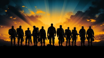 Fototapeta premium Ukrainian army silhouetted at sunset, celebrating victory day with national flag