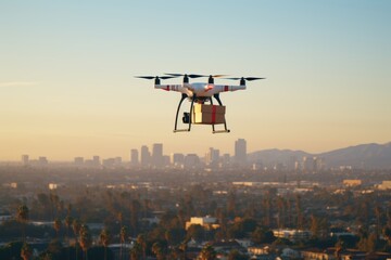Drone delivery service hovers above cityscape at sunrise for efficient package transportation