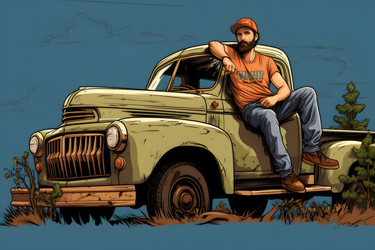 illustration of a trucker standing next to his pickup truck, redneck