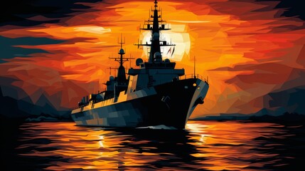 Fototapeta premium Silhouetted naval warship against sunset sky on calm sea for tranquil background