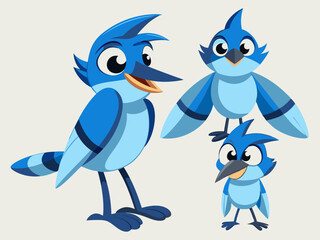 Geai bleu oiseau diverses poses dessin animé personnage vectoriel 