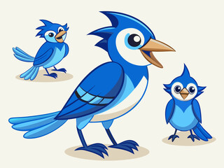 Geai bleu oiseau diverses poses dessin animé personnage vectoriel 