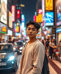 Fototapeta premium Young Asiatic man standing on busy city street with neon signs in the background.