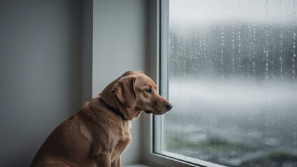 A sad dog looks at the rain outside the window.