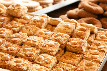 Spanish almond cookies called Almendrados in a pastry shop