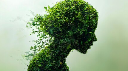 A silhouette of a man's head covered in green leaves