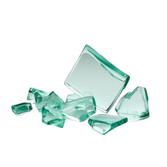 A collection of green glass shards displaying unique shapes and reflections, ideal for artistic or decorative design projects. transparent background