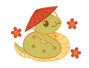Cute happy snake with traditional asian hat. Funny 2025 Lunar New Year design mascot. Chinese cartoon character. Flat vector illustration isolated on white background