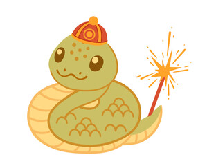 Cute happy snake with traditional asian hat and fireworks. Funny 2025 Lunar New Year design mascot. Chinese cartoon character. Flat vector illustration isolated on white