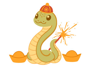 Fototapeta premium Cute happy snake with traditional asian hat, ancient golden money and fireworks. Funny 2025 Lunar New Year design mascot. Chinese cartoon character. Flat vector illustration isolated on white