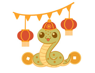Cute happy snake with a traditional asian hat and festival lantern. Funny 2025 Lunar New Year design mascot. Chinese cartoon character. Flat vector illustration isolated on white background