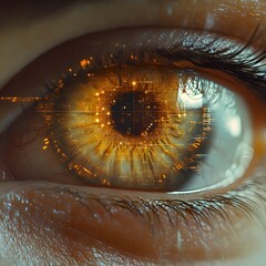 A detailed closeup of a human eye, showcasing the iris and with graphs and tecnology influence