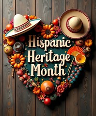 Heart-Shaped Arrangement of Hispanic Heritage Month Elements on Wooden Background (2)