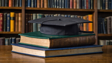 graduation cap and books