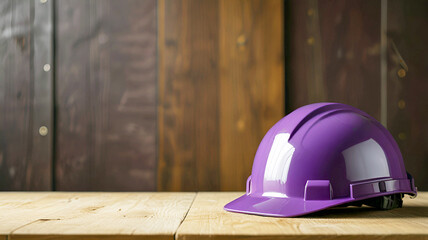 Construction safety concept and safety purple helmet on wooden table with wood background. Generative AI