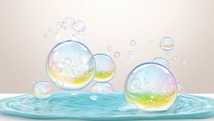 Delicate, iridescent bubbles float gracefully above a soft blue wave, capturing the essence of lightness and tranquility in this minimalistic design