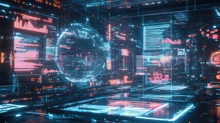 Futuristic digital environment with floating holographic data screens and charts.