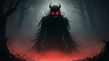 evil demon head on a dark background, mysterious monster with glowing eyes in dark, foggy woods