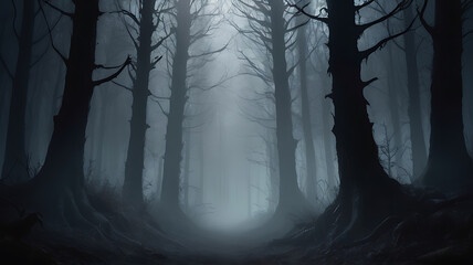 dark foggy forest in the night, scary illustration, spooky old forest, dark and foggy