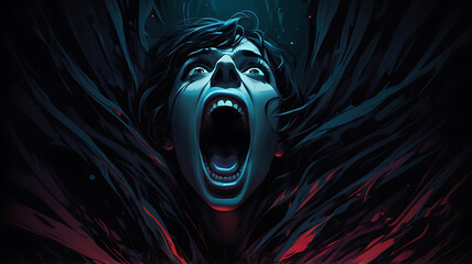 A closeup of afraid woman, abstract illustration of fear and scream, dark hallooween illustration	