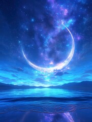 Obraz premium A serene night scene featuring a large crescent moon over a tranquil ocean with starry skies.