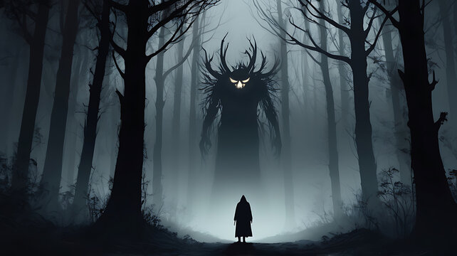 evil demon head on a dark background, mysterious monster with glowing eyes in dark, foggy woods