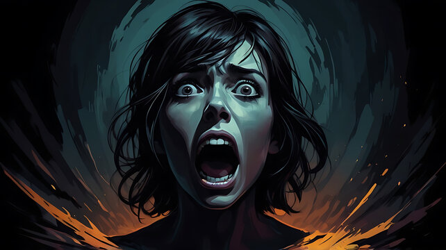 A closeup of afraid woman, abstract illustration of fear and scream, dark hallooween illustration	