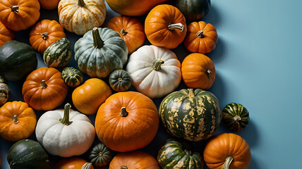 top view of various fresh ripe pumpkins as background, Colorful vegetable background, Beautiful autumn vegetables texture, Colorful assortment of pumpkins