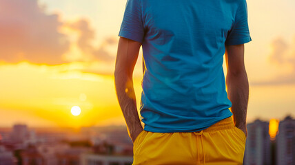Naklejka premium T-Shirt Mockup on Man in Outdoor Setting with Sunlight