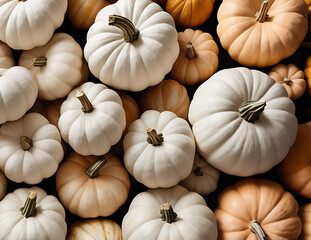 Collection of pumkins. Banner for autumn seasonal holidays background, Pile of many harvested white pumpkins at farmers marketCollection of pumkins. Banner for autumn seasonal holidays background, Pil