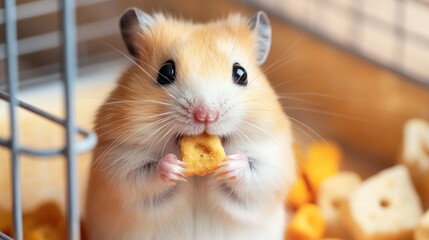 Fototapeta premium Happy hamster nibbling on a treat, eyes bright with contentment, in a cozy corner of its cage.
