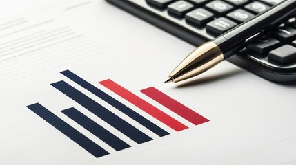 A financial report with bar graphs and pie charts, lying on a desk next to a pen and calculator, copy space for text, high-resolution photo, realistic photo