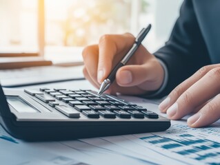 A close-up of a person using a financial calculator, with documents and a laptop nearby, copy space for text, high-resolution photo, realistic photo