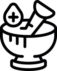 Line art icon of a mortar and pestle preparing herbal medicine with a medical cross, representing natural remedies and healthcare