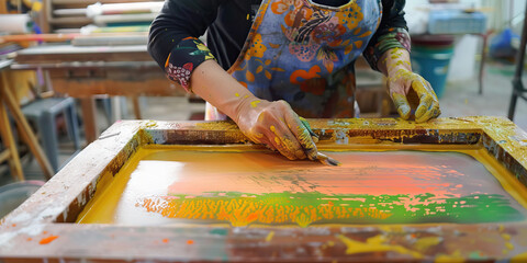 Silk screen printing artistry: A woman carefully applying ink through a silk screen, creating a pattern on paper.