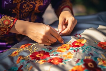 Close up of skilled hands learning embroidery with beautiful colorful pattern on fabric