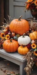 Vibrant Autumn Harvest with Colorful Pumpkins and Fall Flowers
