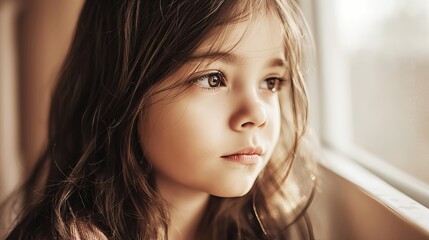 Naklejka premium Young Girl Contemplating the Infinite Mysteries of Life While Gazing Thoughtfully Out of the Window, Lost in Reflection.