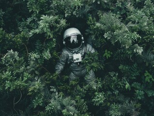 Top view of an astronaut lying and resting surrounded by lush green plants, blending into the natural environment